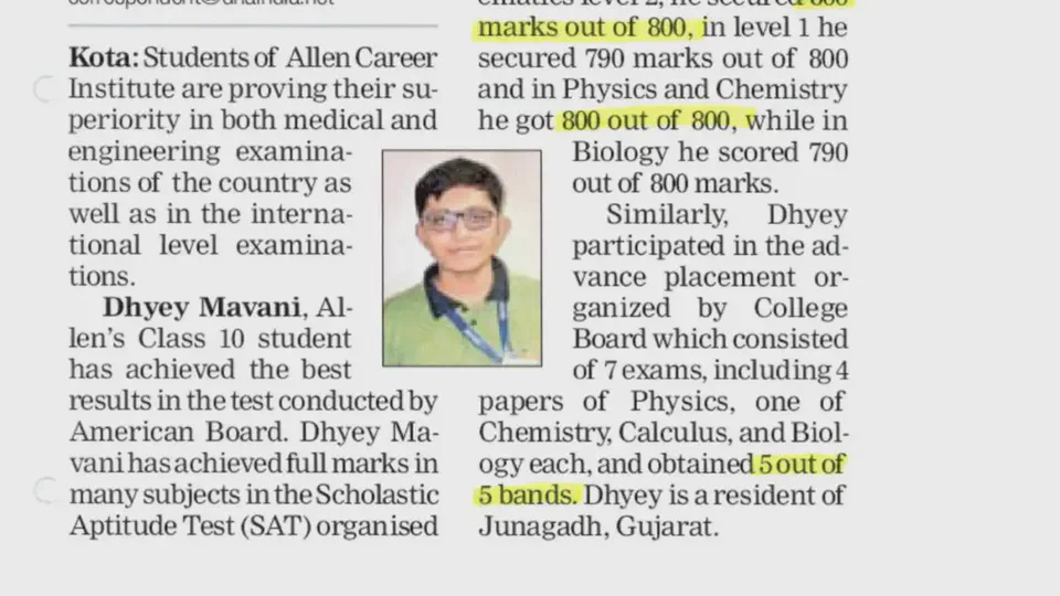 Featured in DNA News for Scholastic Excellence