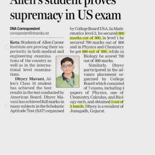 Featured in DNA News for Scholastic Excellence